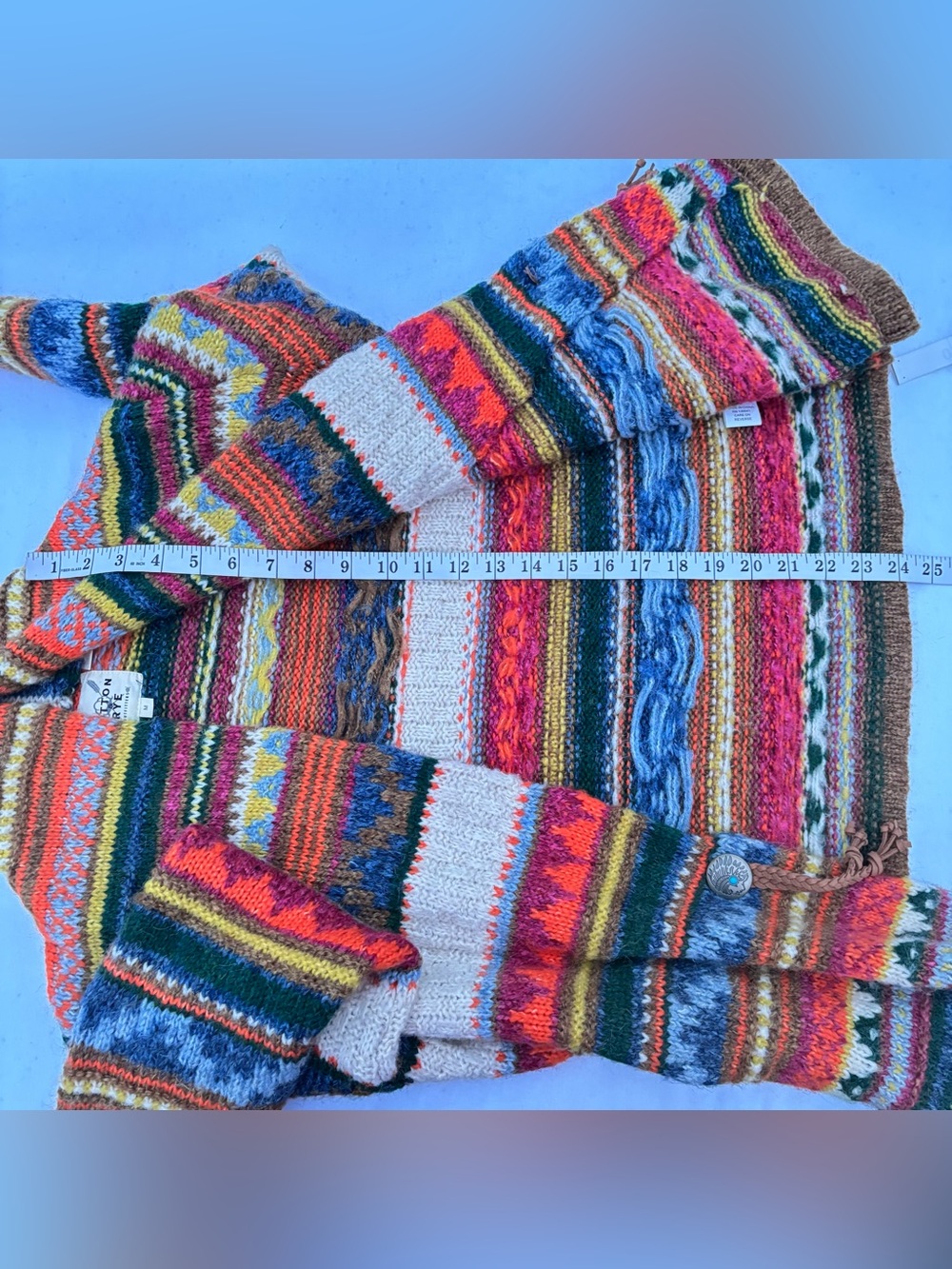 Fair Isle Womens Chunky Cardigan Sweater M Boho Indie Southwestern Concho Tassel - Picture 15 of 16